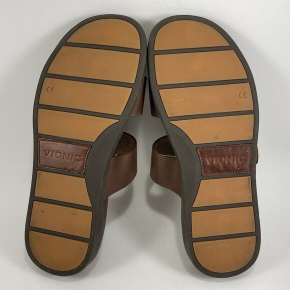 Vionic Charlie Slide Sandals Mens Size 8 Brown Leather Comfort Dual Strap - Picture 7 of 9